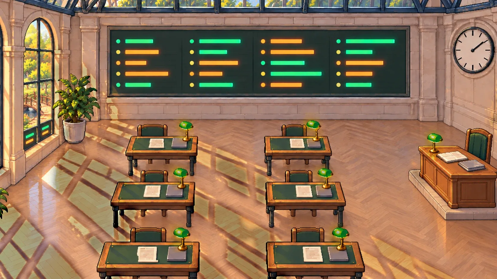 The Eval Hall in BRIDGE Town: long desks under a glass roof, with the results board on the far wall.